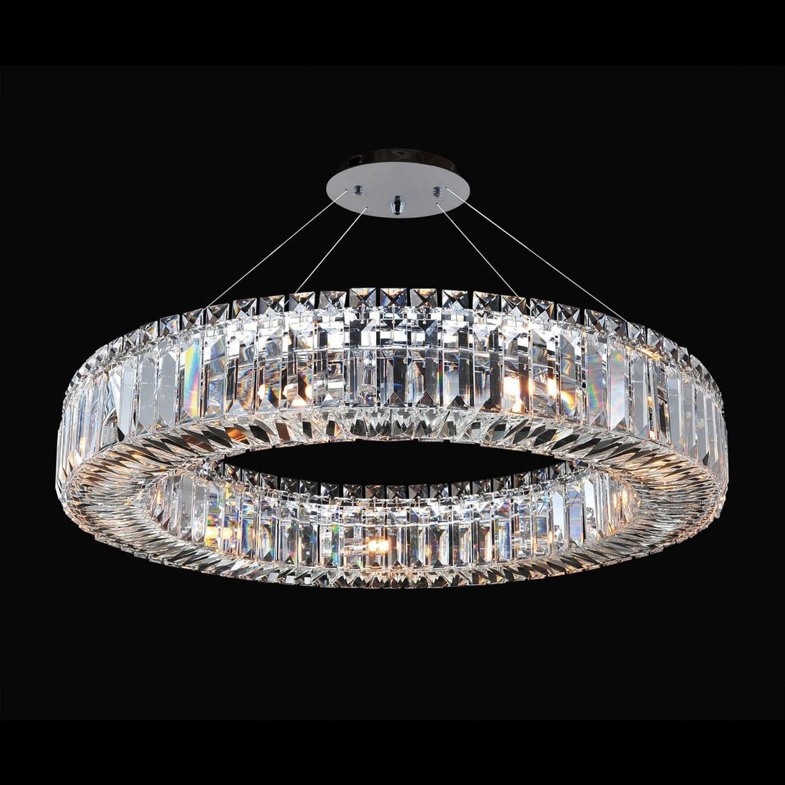 Kalco Rondelle Chrome Crystal Pendant Light 26 Inch Round Dimmable: Kalco Rondelle Chrome Crystal Pendant Light 26 Inch Round Dimmable Illuminate your space with the stunning Rondelle Collection Chrome Crystal Pendant. This exquisite pendant light features a round sha