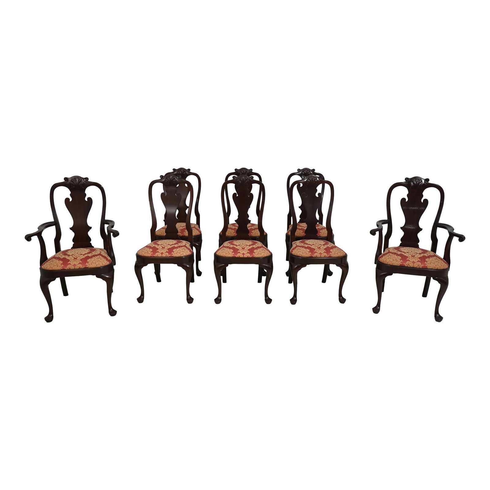 Set of 8 Stickley Traditional Mahogany Dining Chairs with Damask Upholstery: Set of 8 Stickley Traditional Mahogany Dining Chairs with Damask Upholstery This exquisite set of 8 Stickley dining chairs showcases timeless elegance with their classic Queen Anne design. Crafted fro