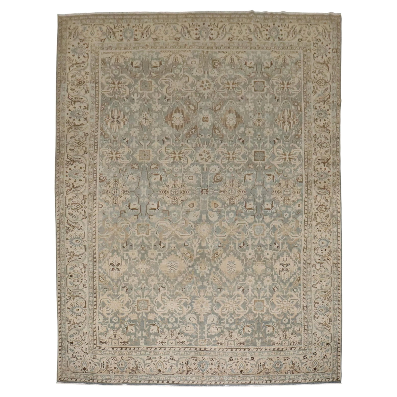 Early 20th Century Persian Malayer Rug in Light Blue Green 10'5 x 13'1: Early 20th Century Persian Malayer Rug in Light Blue Green 10'5 x 13'1 This early 20th-century Persian Malayer rug features a light blue-green and tan color palette. Hand-woven from wool, the rug show
