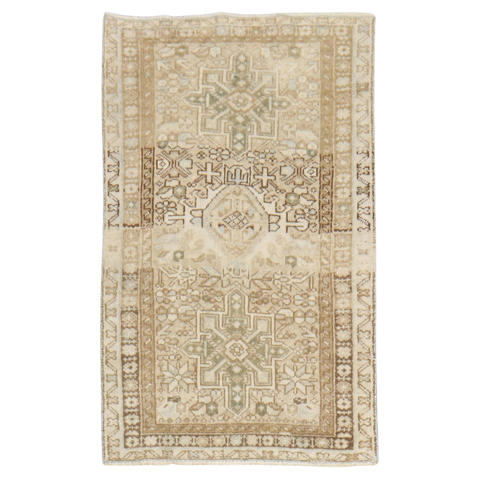 Zabihi Collection 2'6 x 4' Hand-Knotted Wool Heriz Rug Iran 1930: Zabihi Collection 2'6 x 4' Hand-Knotted Wool Heriz Rug Iran 1930 This exquisite antique Heriz rug from the Zabihi Collection showcases a neutral color palette and features a geometric pattern, making 
