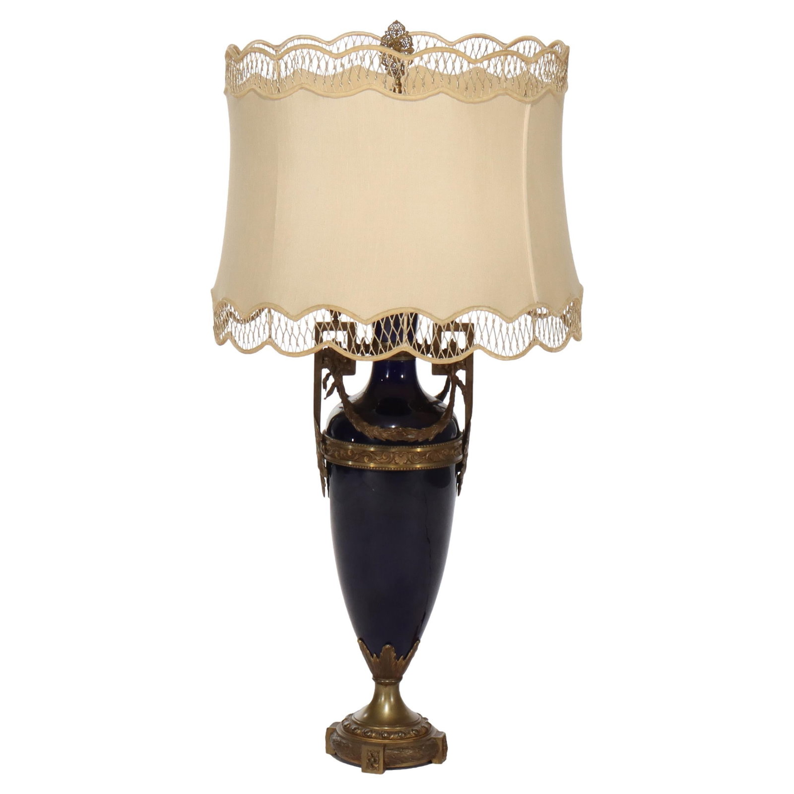 Antique C1900 French Sevres Cobalt Blue Lamp with Metal Overlay (1 of 8)