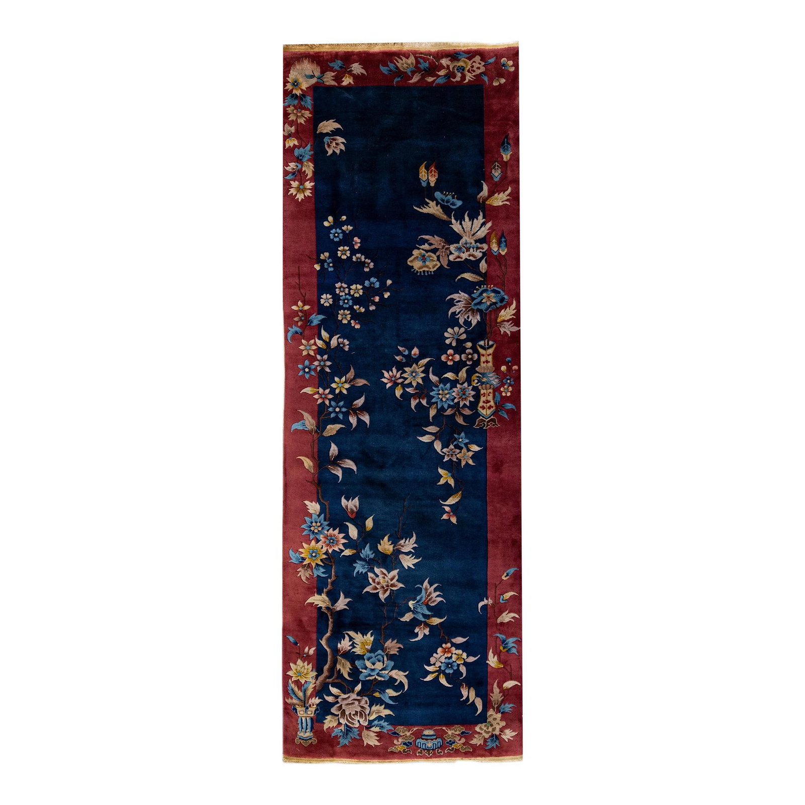 Antique Art Deco Chinese Wool Runner Floral Design 3'10 x 11'3 Navy Blue: Antique Art Deco Chinese Wool Runner Floral Design 3'10 x 11'3 Navy Blue This exquisite antique Art Deco Chinese runner features a stunning hand-knotted wool construction with a rich navy blue field. 