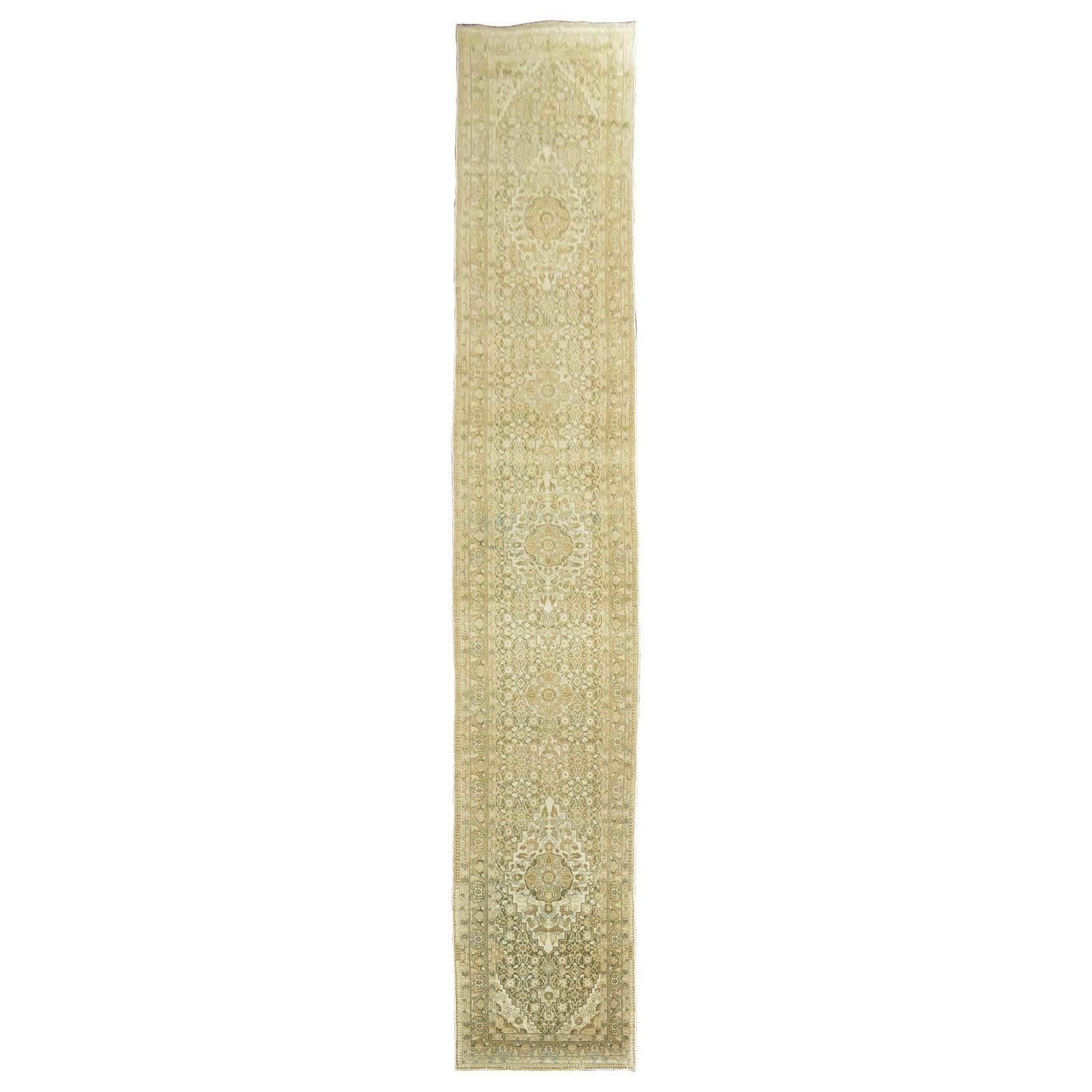 Antique Wool Persian Tabriz Runner with Green and Beige Medallion Design (1 of 12)