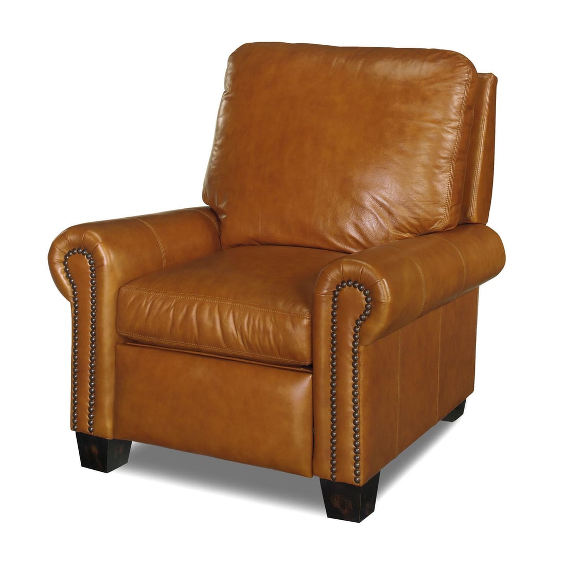 Hand-Crafted Tan Leather Recliner USA Made: Hand-Crafted Tan Leather Recliner USA Made Experience comfort and quality with this hand-crafted tan leather recliner, made in the USA. Designed with a stylish almond finish and a unique pyramid leg s