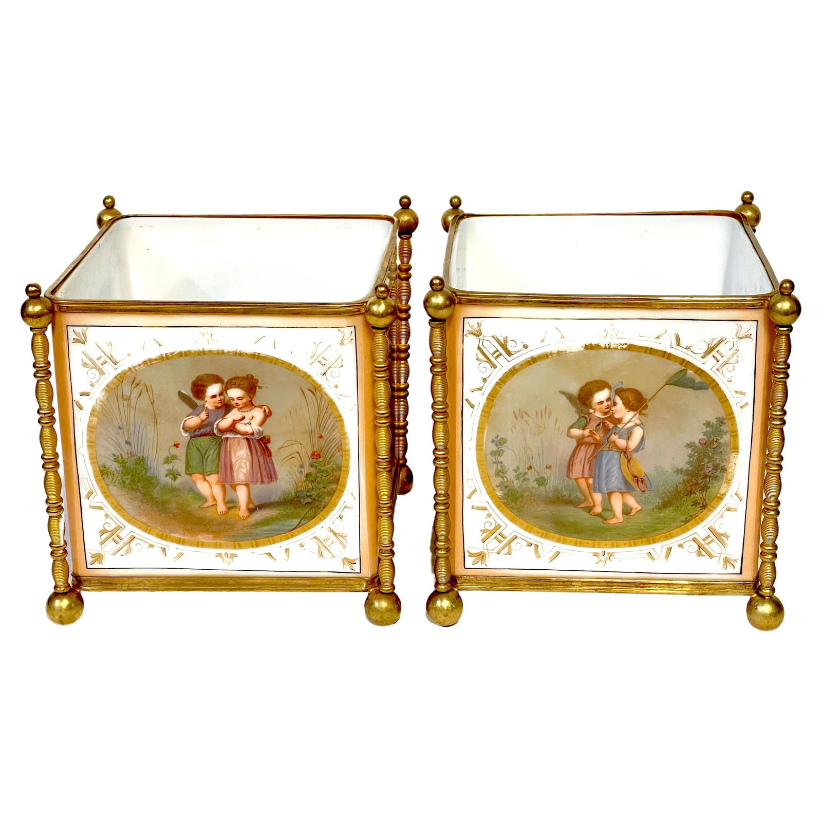 19th Century Baccarat Opaline Gilt Bronze Fairy Cachepots Set of 2: 19th Century Baccarat Opaline Gilt Bronze Fairy Cachepots Set of 2 Discover a stunning pair of 19th-century French Opaline & Gilt Bronze Aesthetic 'Fairy' Motif Cachepots, beautifully attributed to Ba