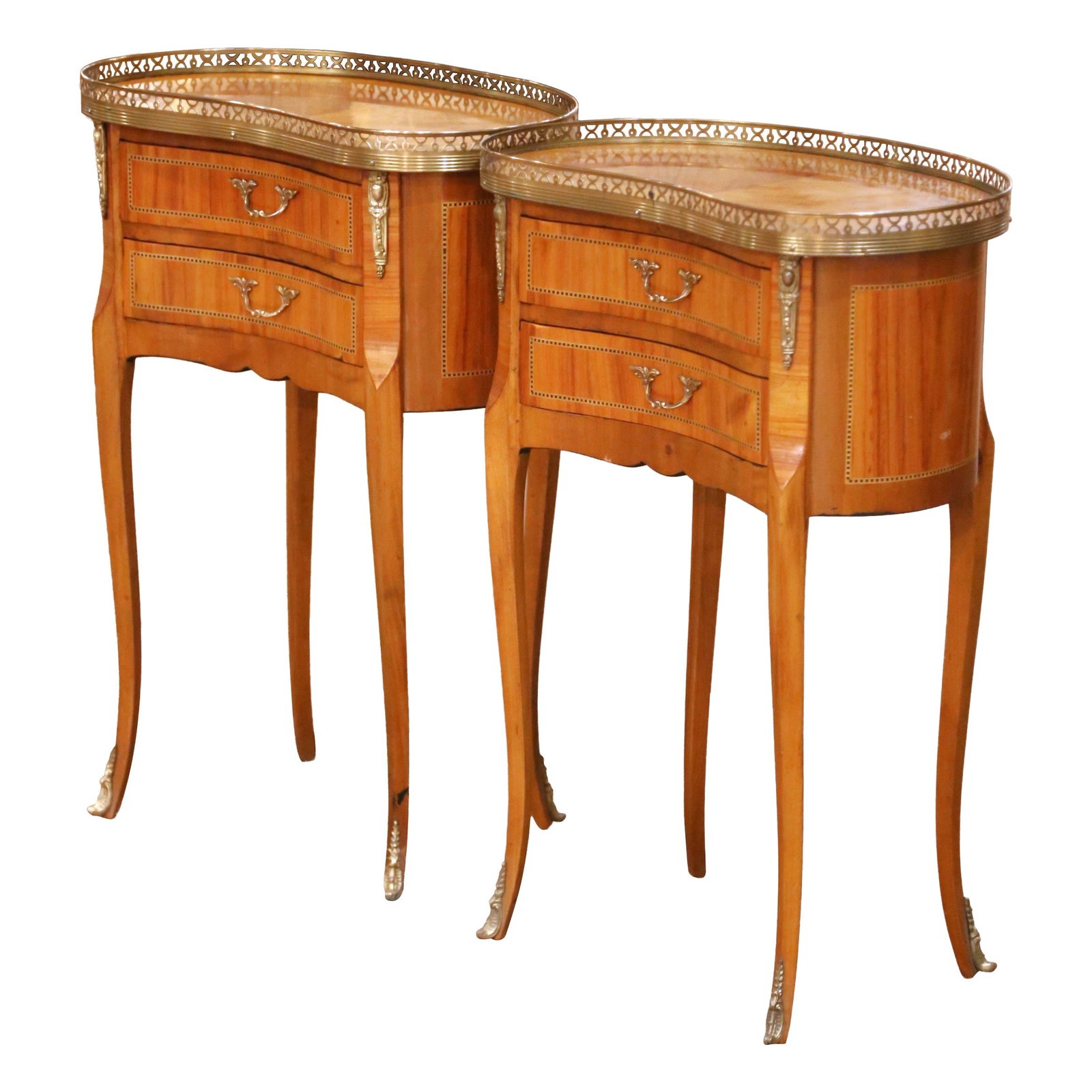 Set of 2 French Cherry Louis XV Style Marquetry Side Tables Early 20th Century: Set of 2 French Cherry Louis XV Style Marquetry Side Tables Early 20th Century This pair of early 20th century French Louis XV style side tables is crafted from cherry wood and features intricate marq