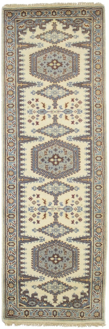 Handmade Vintage Indo-Viss Geometric Wool Runner 2'7 x 7'11: Handmade Vintage Indo-Viss Geometric Wool Runner 2'7 x 7'11 Experience the charm of this Vintage-Style Indo-Viss Oriental Runner, a stunning handmade carpet that showcases a beautiful geometric patter