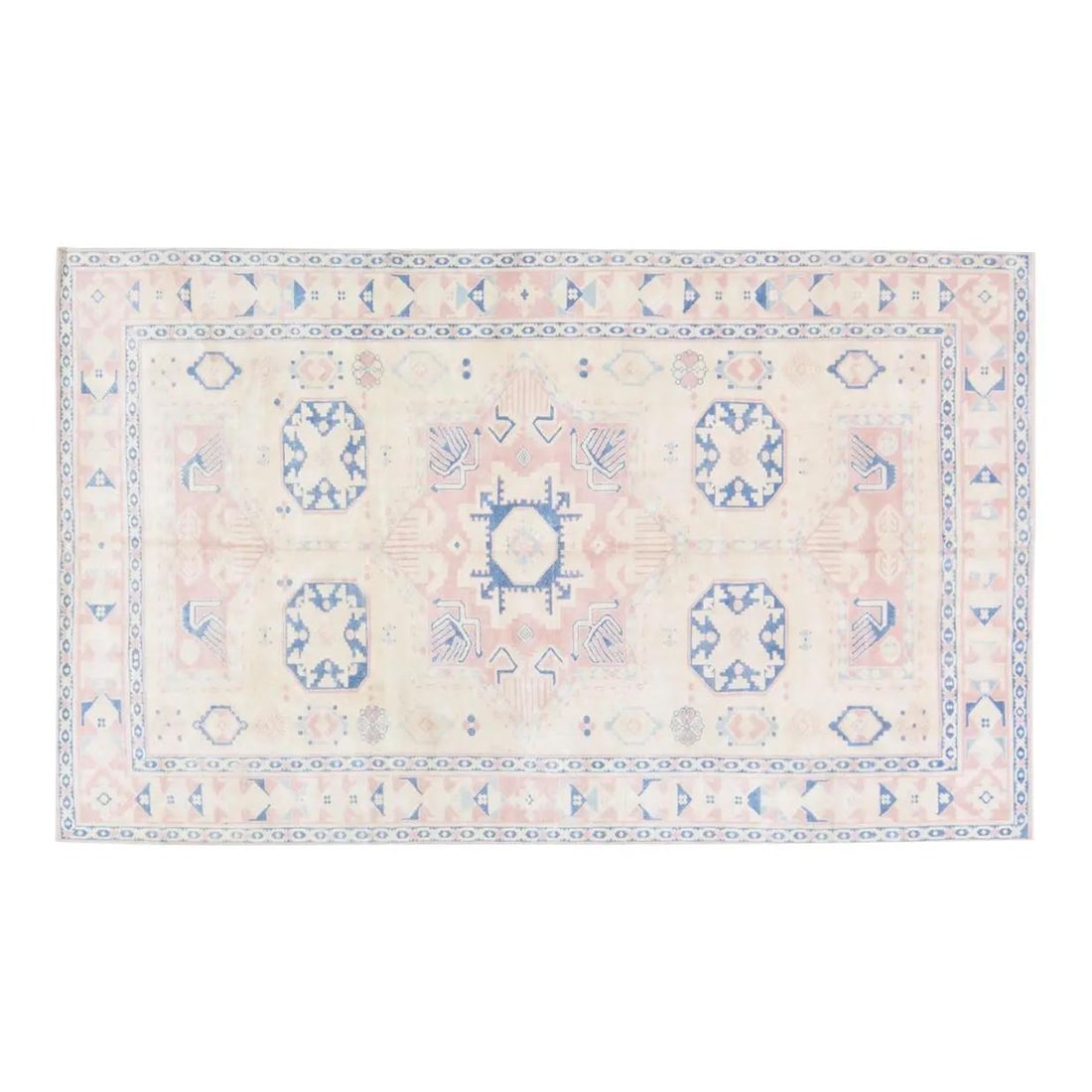 Handwoven Turkish Oushak Wool Rug White 5'9" x 9'10": Handwoven Turkish Oushak Wool Rug White 5'9" x 9'10" This vintage Turkish Oushak rug features a hand-woven allover design and a silky soft texture. Crafted from wool, it showcases a white color palett