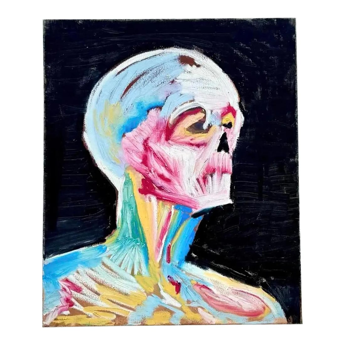 Expressive Oil Painting on Canvas Skeletal Figure Portrait 25.0 x 20.0: Expressive Oil Painting on Canvas Skeletal Figure Portrait 25.0 x 20.0 This vintage abstract portrait features a skeletal figure depicted with bold, anatomical brushstrokes in a vivid palette of pinks
