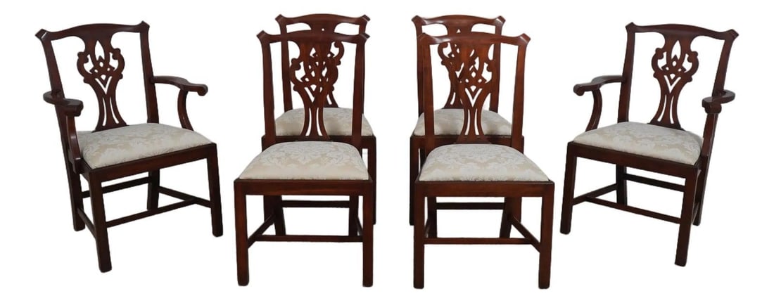 Set of 6 Henkel Harris Cherry Wood Chippendale Dining Chairs: Set of 6 Henkel Harris Cherry Wood Chippendale Dining Chairs This elegant set of 6 Henkel Harris Cherry Dining Room Chairs features a timeless Chippendale design, perfect for enhancing your dining exp