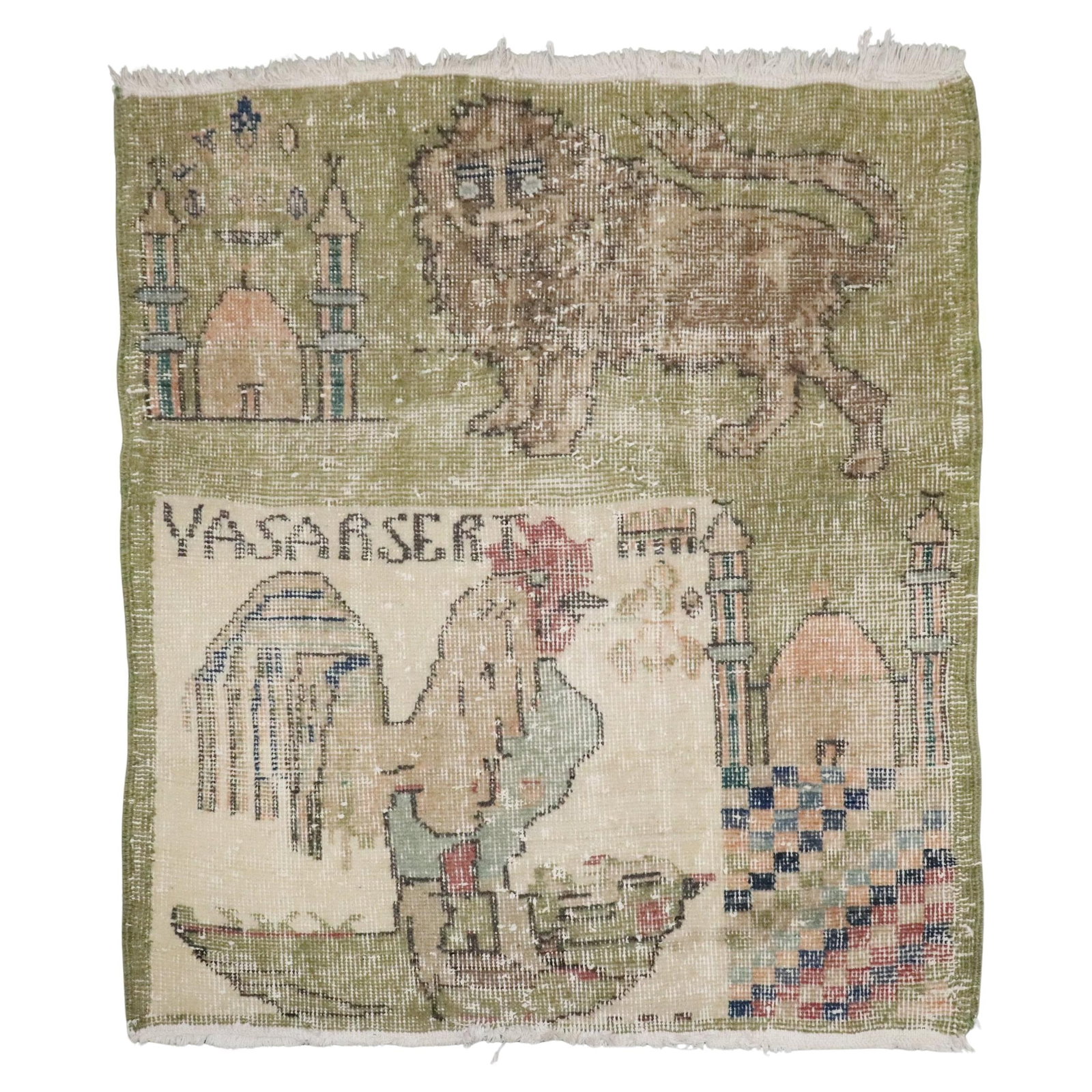 Vintage Turkish Deco Lion Pigeon Hand-Woven Rug 34 x 36: Vintage Turkish Deco Lion Pigeon Hand-Woven Rug 34 x 36 This exquisite vintage Turkish deco rug, attributed to renowned artist Zeki Muren, features a striking design showcasing a lion and pigeon, refl