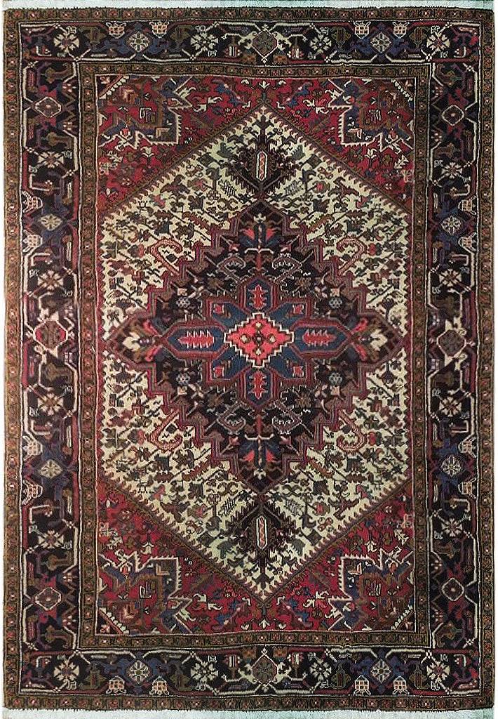 6.9 x 9.3 Ivory Semi-Antique Persian Heriz Area Rug Handwoven in Iran (1 of 5)