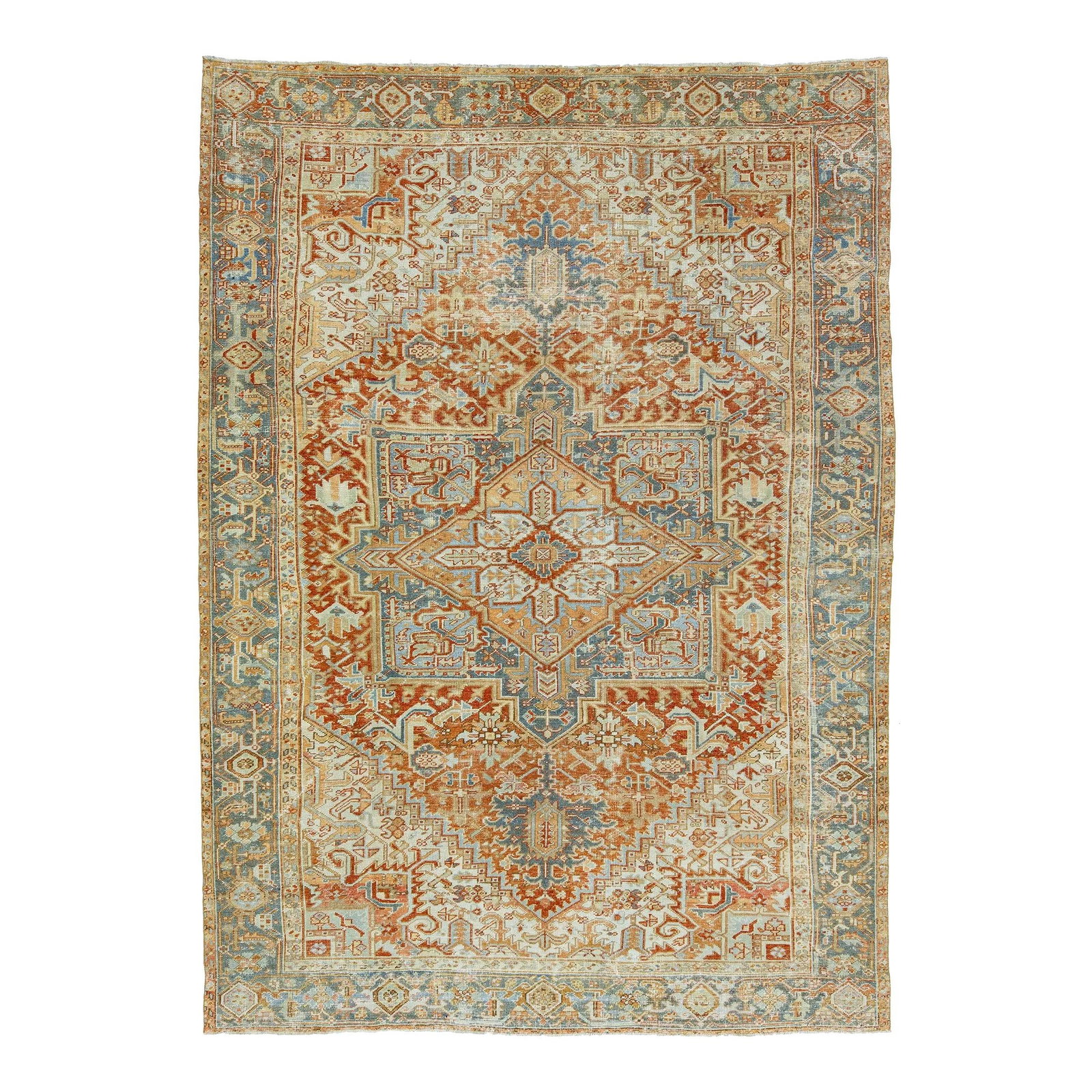 Antique Persian Heriz Wool Rug 8' x 11'1' Medallion Design: Antique Persian Heriz Wool Rug 8' x 11'1' Medallion Design This exquisite antique Persian Heriz rug showcases a stunning medallion design, skillfully hand-knotted from high-quality wool. The rich rust
