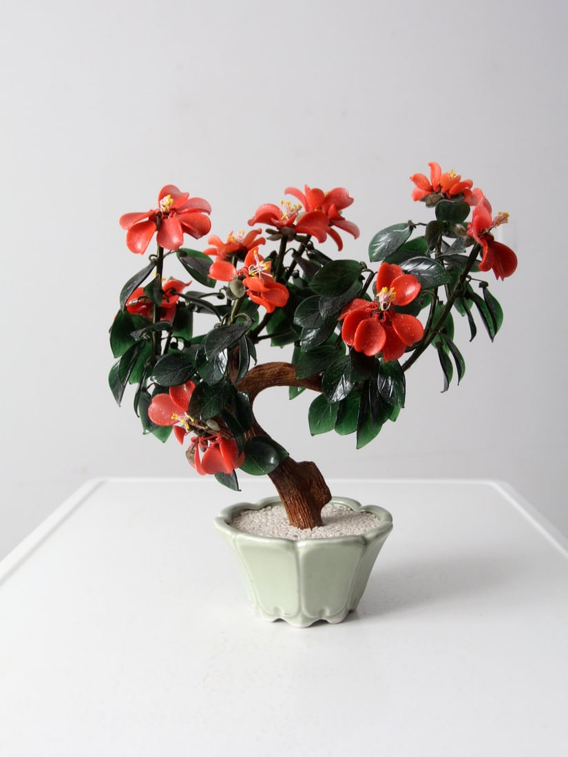 Vintage Art Glass Bonsai Tree Sculpture with Celadon Pot: Vintage Art Glass Bonsai Tree Sculpture with Celadon Pot This exquisite vintage art glass bonsai tree sculpture features delicate glass quince flowers gracefully blossoming atop a charming celadon pot