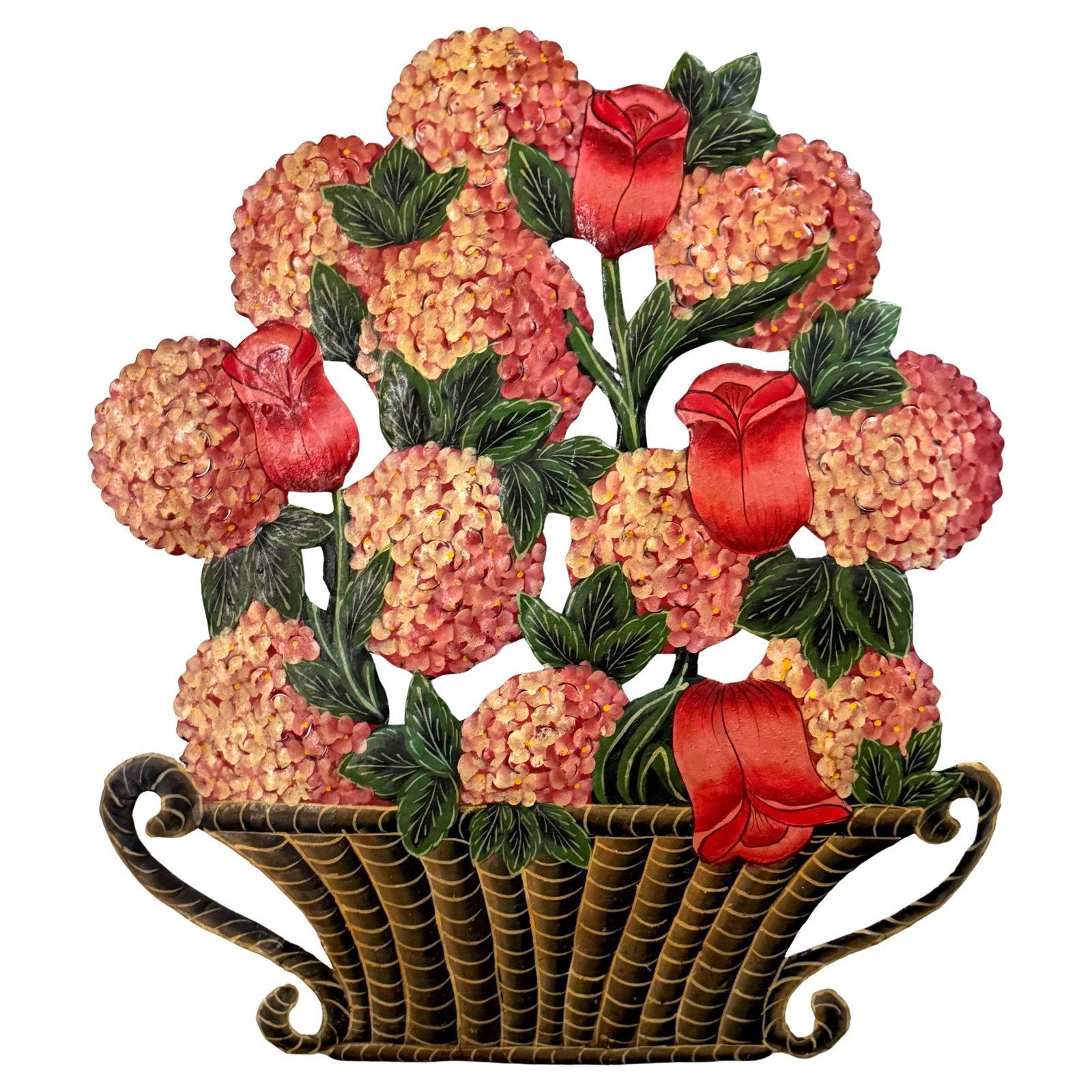 20th Century French Tole Floral Dummy Board Tulips & Hydrangeas: 20th Century French Tole Floral Dummy Board Tulips & Hydrangeas This exquisite French tole-painted floral dummy board features a stunning basket filled with vibrant tulips and hydrangeas, crafted in t
