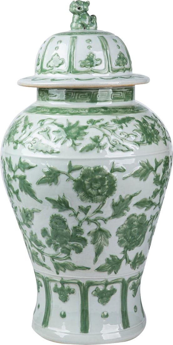 Chinoiserie Celadon Green Temple Jar with Lion Lid 22H 12W 12D: Chinoiserie Celadon Green Temple Jar with Lion Lid 22H 12W 12D This exquisite handcrafted temple jar features a stunning celadon green finish and is adorned with a lion-shaped lid, embodying the elega