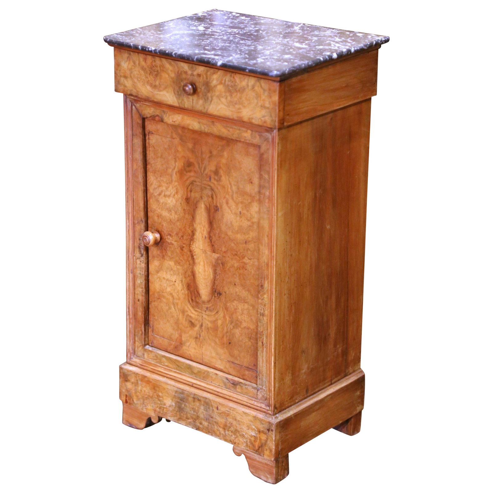 19th Century Louis Philippe Walnut Nightstand with Black Marble Top: 19th Century Louis Philippe Walnut Nightstand with Black Marble Top This exquisite 19th Century French Louis Philippe nightstand is a timeless addition to any bedroom or living space. Crafted around 1