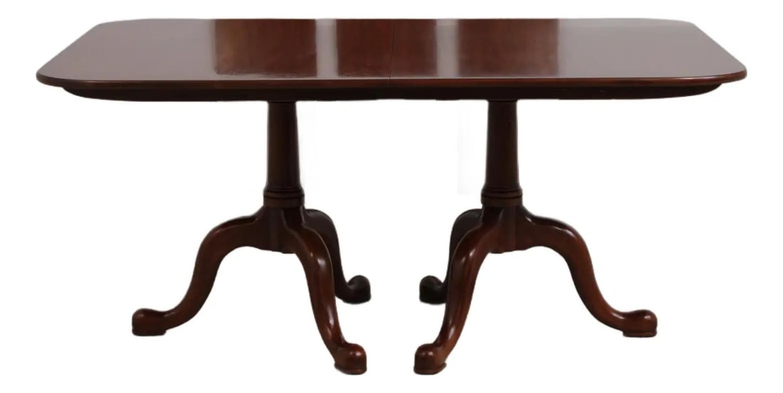 Cherry Wood Dining Table with Queen Anne Pedestals by Henkel Harris: Cherry Wood Dining Table with Queen Anne Pedestals by Henkel Harris This Henkel Harris dining table showcases classic Queen Anne styling with elegant double pedestal bases, Queen Anne legs, and pad fe