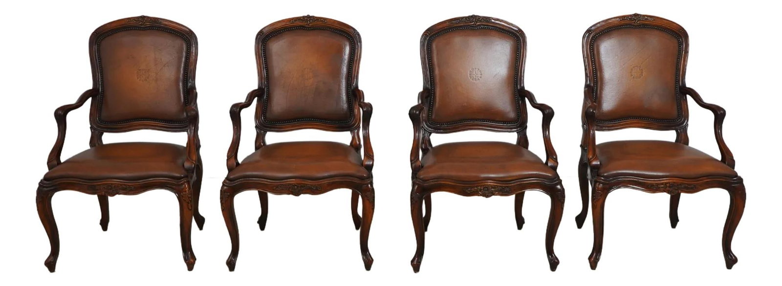 Set of 4 Theodore Alexander French Style Leather Armchairs: Set of 4 Theodore Alexander French Style Leather Armchairs This exquisite set of 4 Theodore Alexander armchairs is crafted from solid mahogany, showcasing fine carved details and high-quality construc