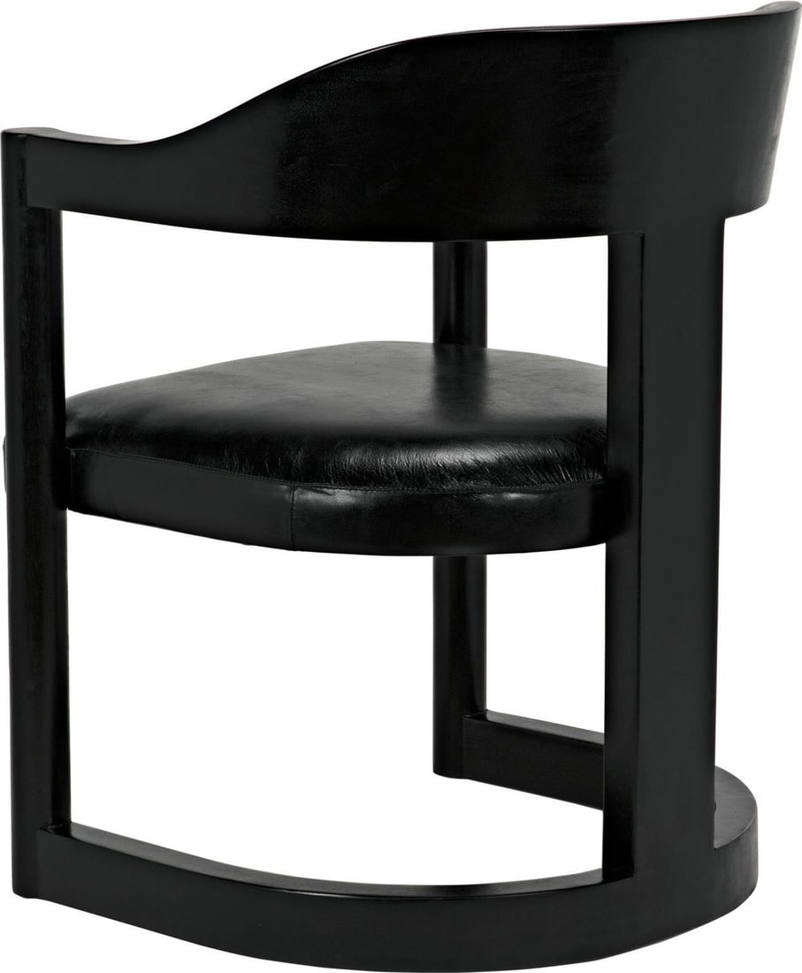 Noir Sleek Teak Armchair Charcoal Black Leather Finish: Noir Sleek Teak Armchair Charcoal Black Leather Finish Discover the elegance of the Sleek Teak Armchair, featuring a sophisticated Charcoal Black finish. This contemporary chair combines a solid teak 