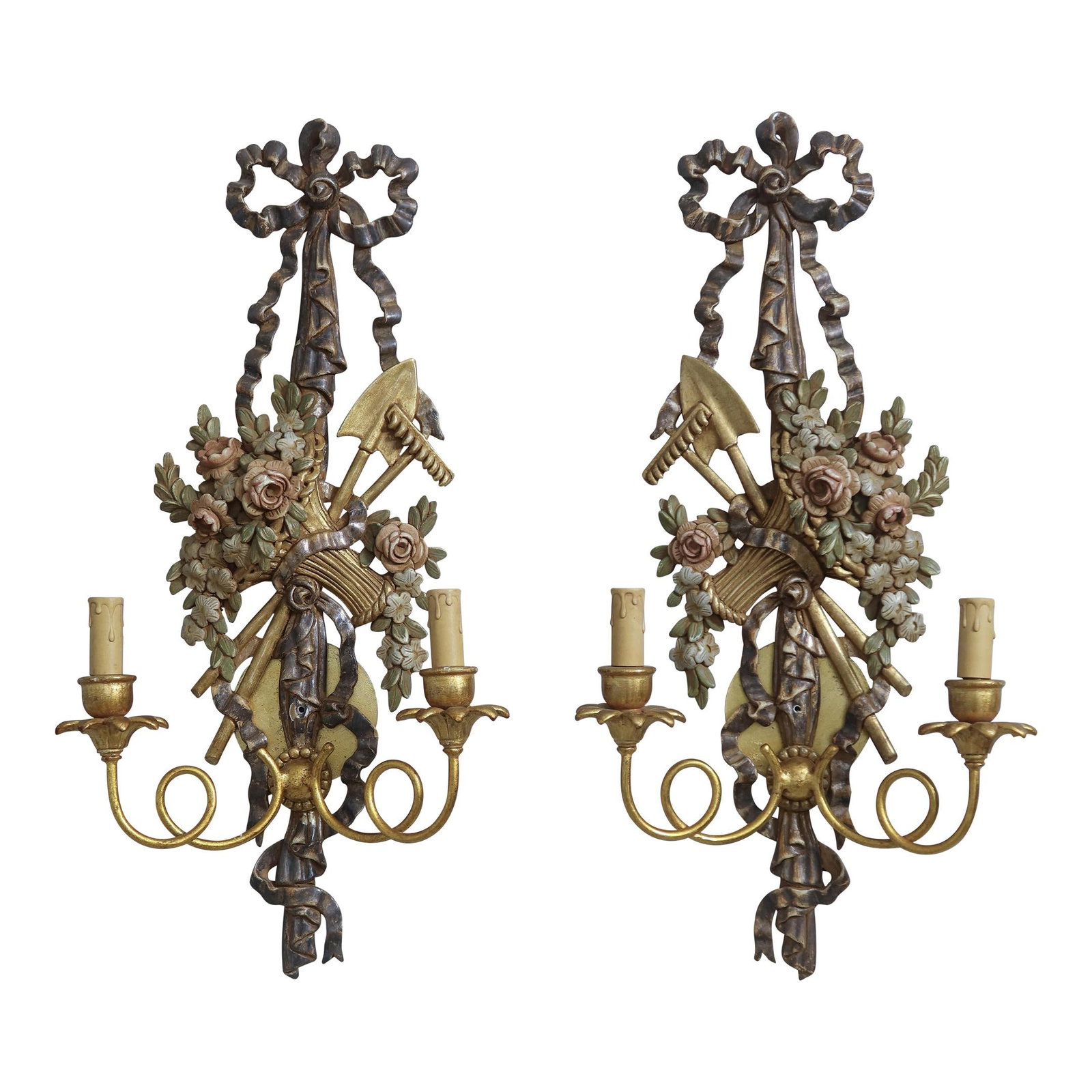 Elegant Pair of Gold Country French Candelabra Sconces Made in Italy: Elegant Pair of Gold Country French Candelabra Sconces Made in Italy Enhance your living space with this exquisite pair of Country French paint-decorated candelabra sconces, crafted in Italy approxima