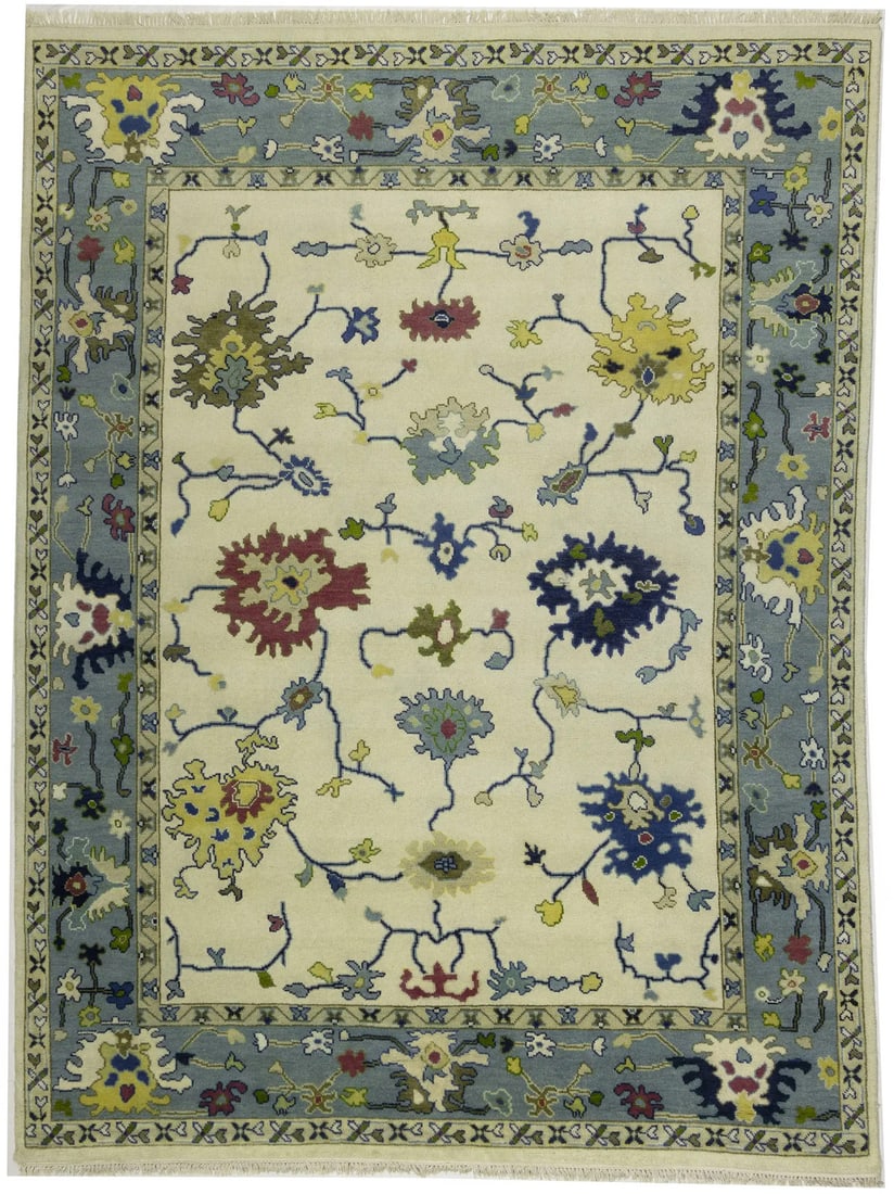 8'10 x 11'9 Cream Floral Wool Oushak Chobi Rug Handmade Eco Friendly: 8'10 x 11'9 Cream Floral Wool Oushak Chobi Rug Handmade Eco Friendly Transform your living space with this exquisite 9x12 ft Cream Floral Oushak Chobi Oriental Wool Rug, perfect for enhancing the ambi
