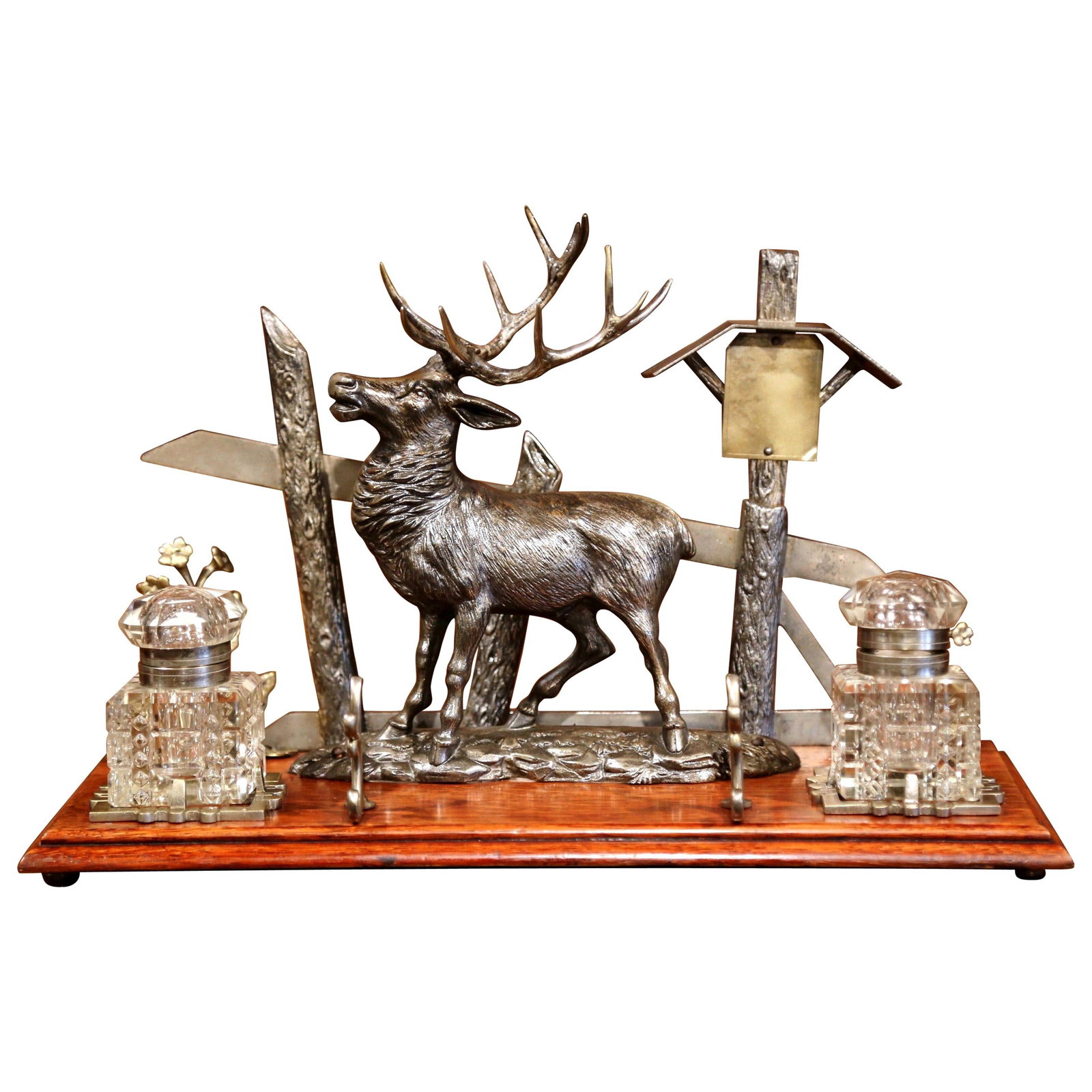 French Walnut Desk Inkwell Set with Alpine Deer and Cut Glass Details: French Walnut Desk Inkwell Set with Alpine Deer and Cut Glass Details This mid-century French Alpine inkwell desk set, crafted circa 1950, showcases the region's tradition of Alpine-inspired decorativ