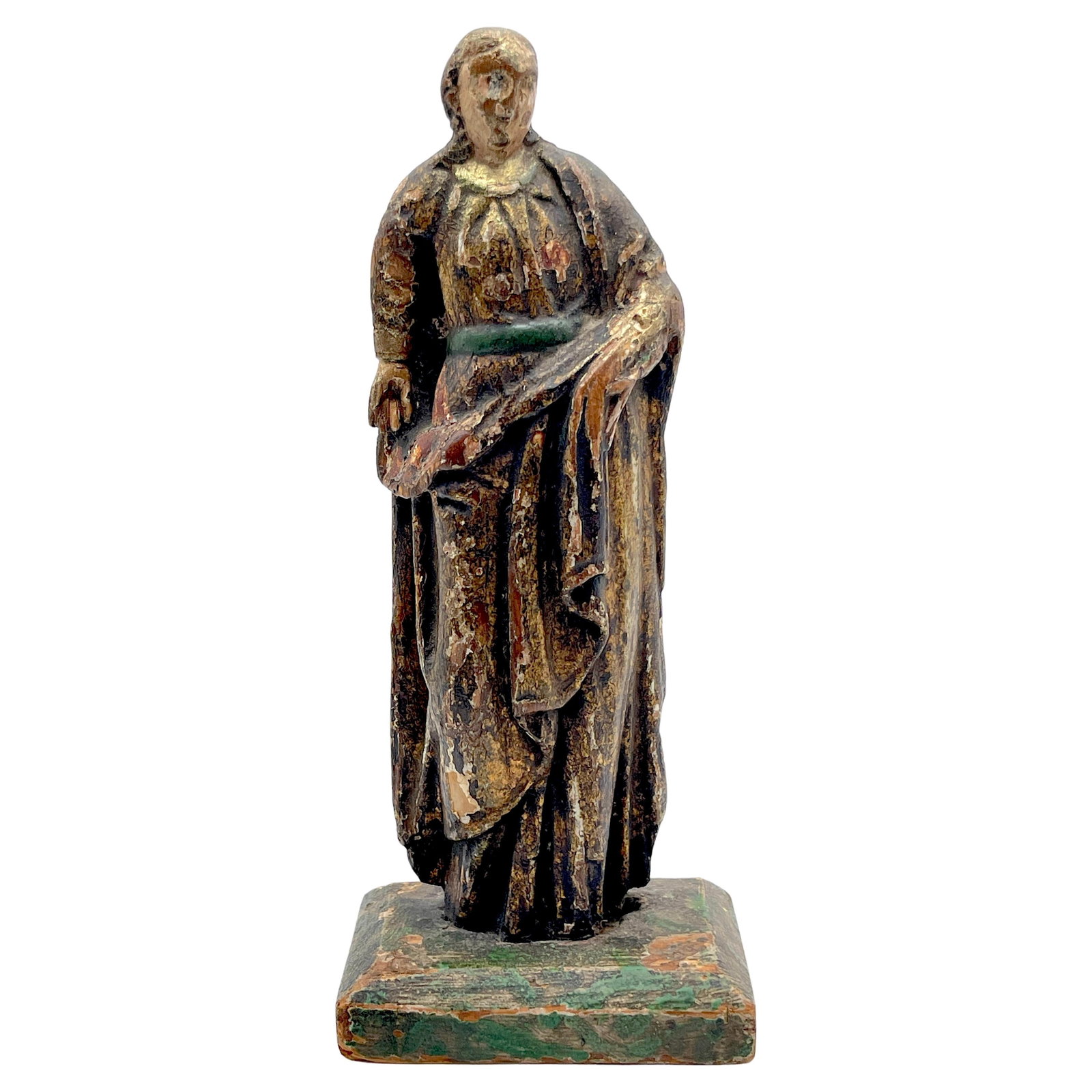 18th Century Italian Baroque Santos Figure Hand-Carved Wood Art: 18th Century Italian Baroque Santos Figure Hand-Carved Wood Art This exquisite 18th-century Italian Baroque Santos figure exemplifies the artistry of religious sculptures from its time. Standing at 9.