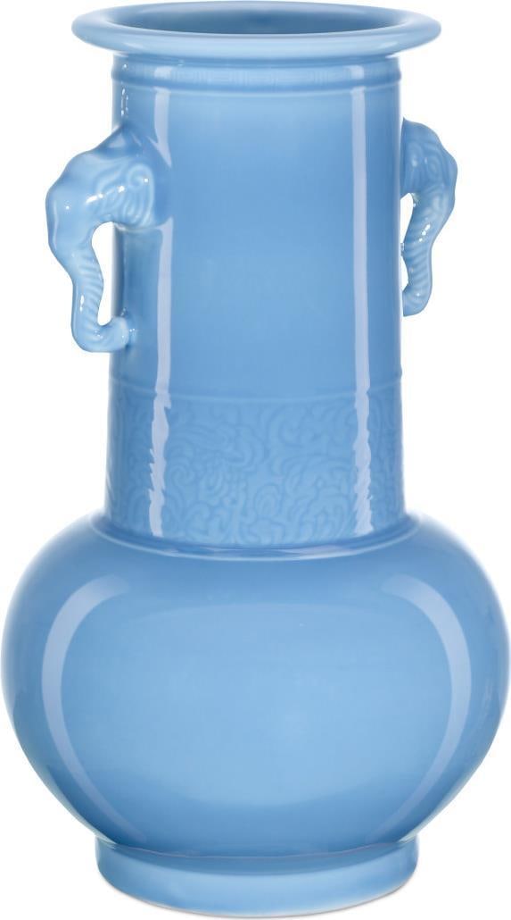 Currey Lake Blue Celadon Porcelain Elephant Handles Vase 22H: Currey Lake Blue Celadon Porcelain Elephant Handles Vase 22H This elegant Lake Blue Celadon Porcelain Vase showcases a stunning Chinese style with intricate elephant handles, making it a perfect state