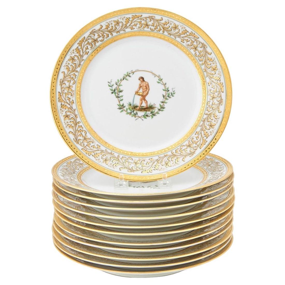 Set of 12 Ginori Greco Roman Gilt Porcelain Plates with Classical Figures: Set of 12 Ginori Greco Roman Gilt Porcelain Plates with Classical Figures This set includes twelve Ginori Greco-Roman neoclassical cabinet or dinner plates, crafted from porcelain and featuring finely