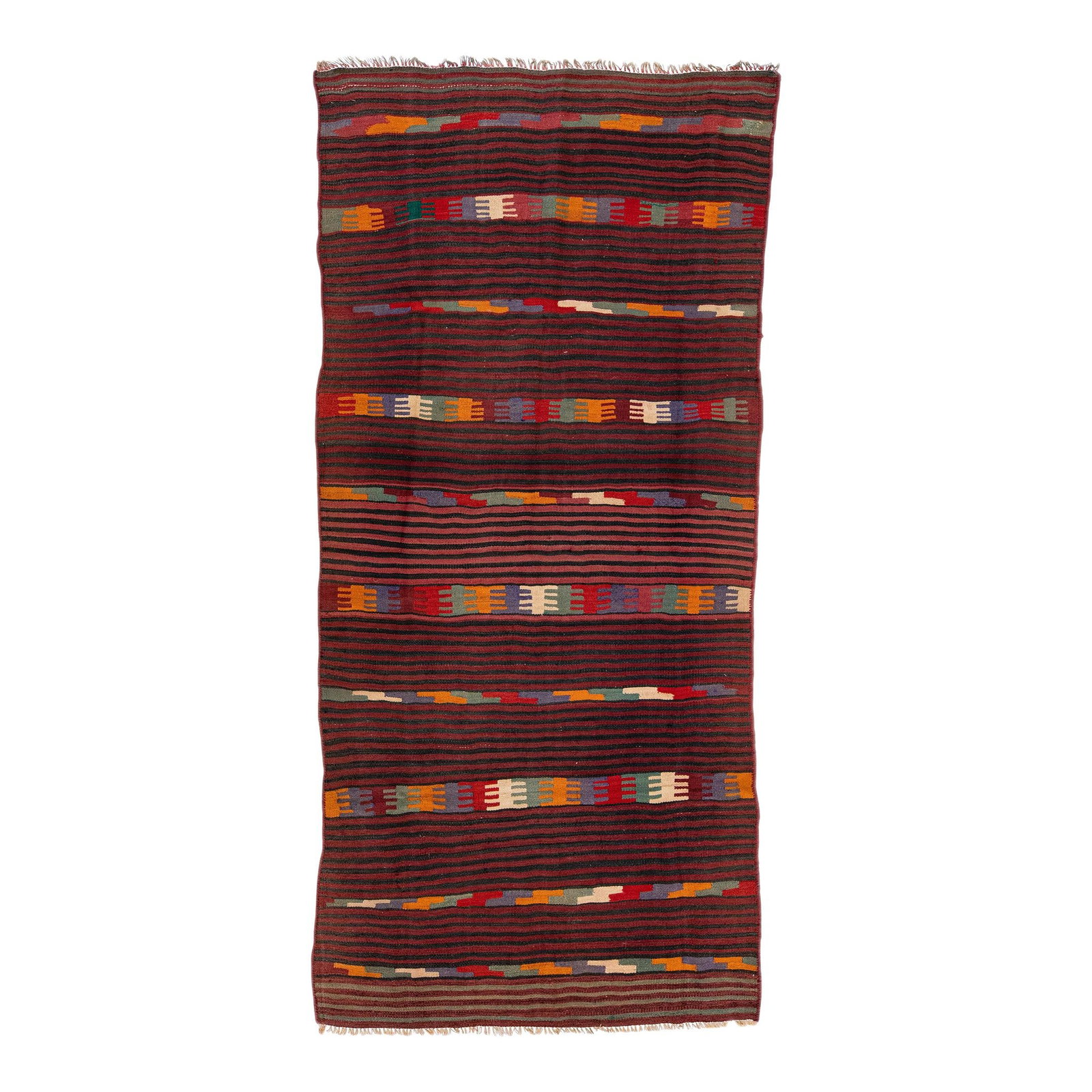 1960s Handmade Turkish Kilim Wool Rug Multicolor Stripes 4'10 x 10'5: 1960s Handmade Turkish Kilim Wool Rug Multicolor Stripes 4'10 x 10'5 Introducing a stunning vintage Turkish Kilim rug, meticulously hand-knotted from luxurious wool. This exceptional piece features a 