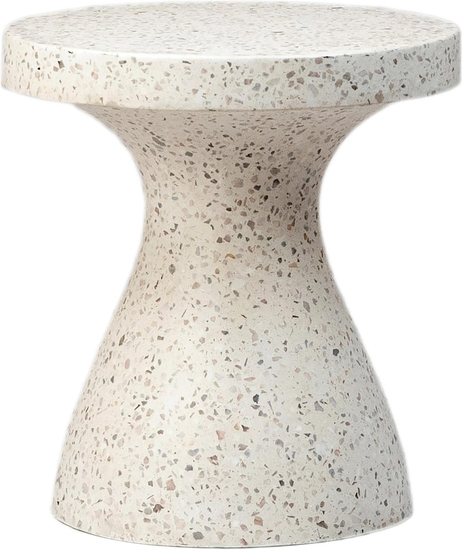 Off-White Terrazzo Round Pedestal Table Savitri Collection: Off-White Terrazzo Round Pedestal Table Savitri Collection Enhance your outdoor space with the Off-White Terrazzo Pedestal Table, designed for durability and style. This contemporary side table featur