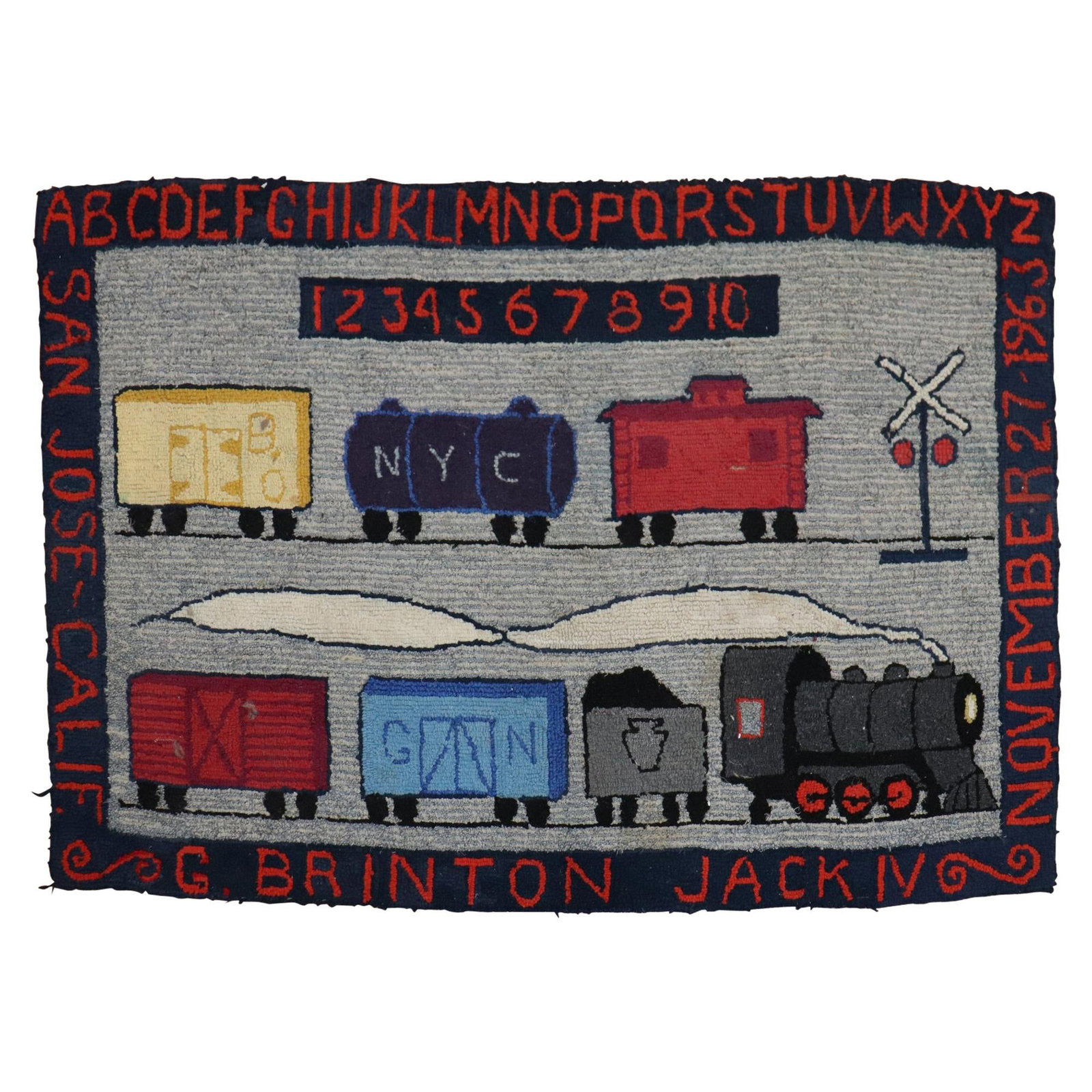 Zabihi Collection Choo Choo Train Hand-Knotted Pictorial Rug 20th Century USA: Zabihi Collection Choo Choo Train Hand-Knotted Pictorial Rug 20th Century USA Experience a unique piece of history with the Zabihi Collection Choo Choo Train Hooked Pictorial Rug, crafted in 1963. Thi
