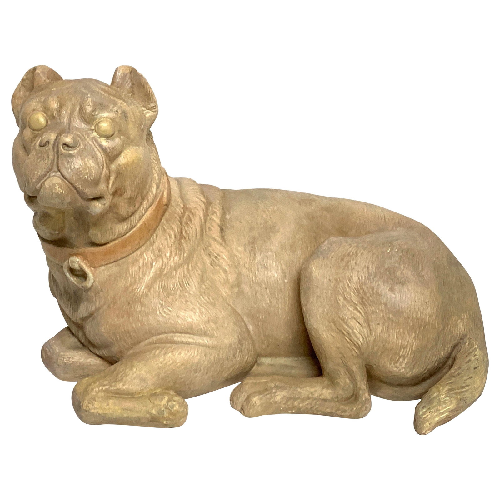 Rare Antique English Terracotta Recumbent Pug Dog 1880s High Victorian: Rare Antique English Terracotta Recumbent Pug Dog 1880s High Victorian This exquisite antique English terracotta recumbent pug dog is a stunning representation of High Victorian style. Standing 9 inch