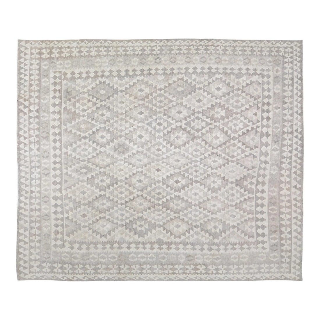 8'3" x 9'9" Wool Afghan Tribal Kilim Rug Handwoven Contemporary Gray: 8'3" x 9'9" Wool Afghan Tribal Kilim Rug Handwoven Contemporary Gray This Afghan tribal hand-woven flatweave kilim from the 1990s features natural colors, a contemporary style, and a soft texture. Cra