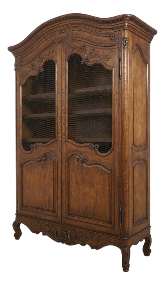 Large Walnut Armoire Cabinet with Wire Mesh Doors and Carved Details: Large Walnut Armoire Cabinet with Wire Mesh Doors and Carved Details This impressive two-door armoire wardrobe cabinet features a country French style with finely carved details and factory-distressed