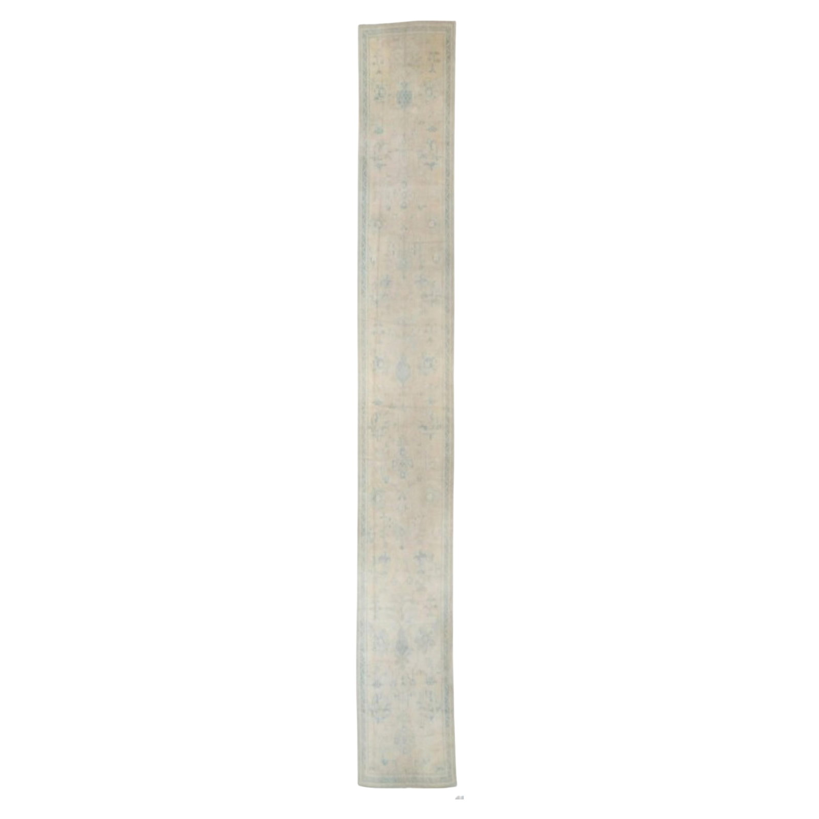 1920s Antique Turkish Oushak Runner Hand-Knotted Wool 44 x 258 in: 1920s Antique Turkish Oushak Runner Hand-Knotted Wool 44 x 258 in This exquisite Long Antique Turkish Oushak Runner features a soft creamy beige field adorned with elegant accents in soft blue and gre