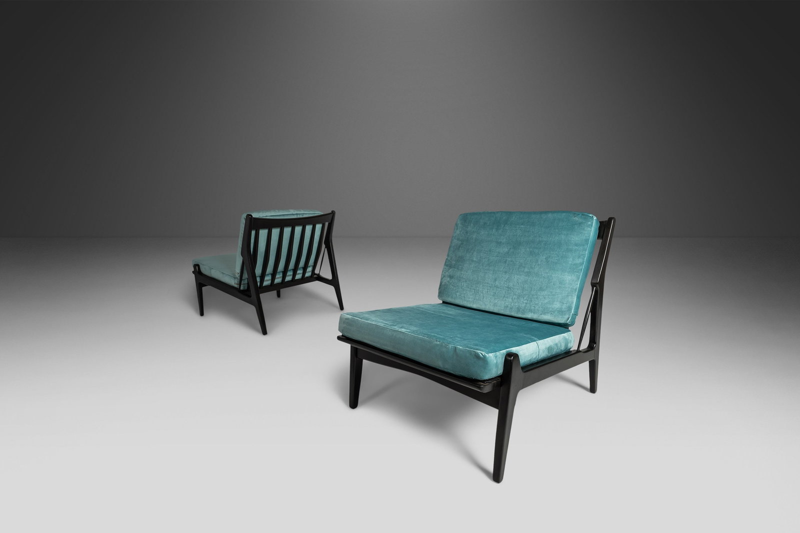 Rare Set of 2 Ib Kofod Larsen Lounge Chairs for Selig Denmark 1950s: Rare Set of 2 Ib Kofod Larsen Lounge Chairs for Selig Denmark 1950s This exceptional set of two rare lounge chairs, designed by the renowned Danish craftsman Ib Kofod Larsen for Selig in the 1950s, re