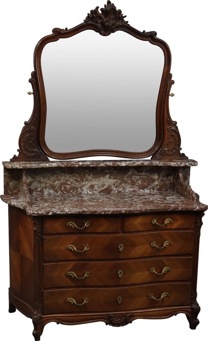 Antique 1890 French Rococo Vanity with Marble and Rosewood: Antique 1890 French Rococo Vanity with Marble and Rosewood This exquisite 1890 French Rococo Vanity showcases the elegance of antique craftsmanship. Made from rich rosewood and featuring a stunning ma