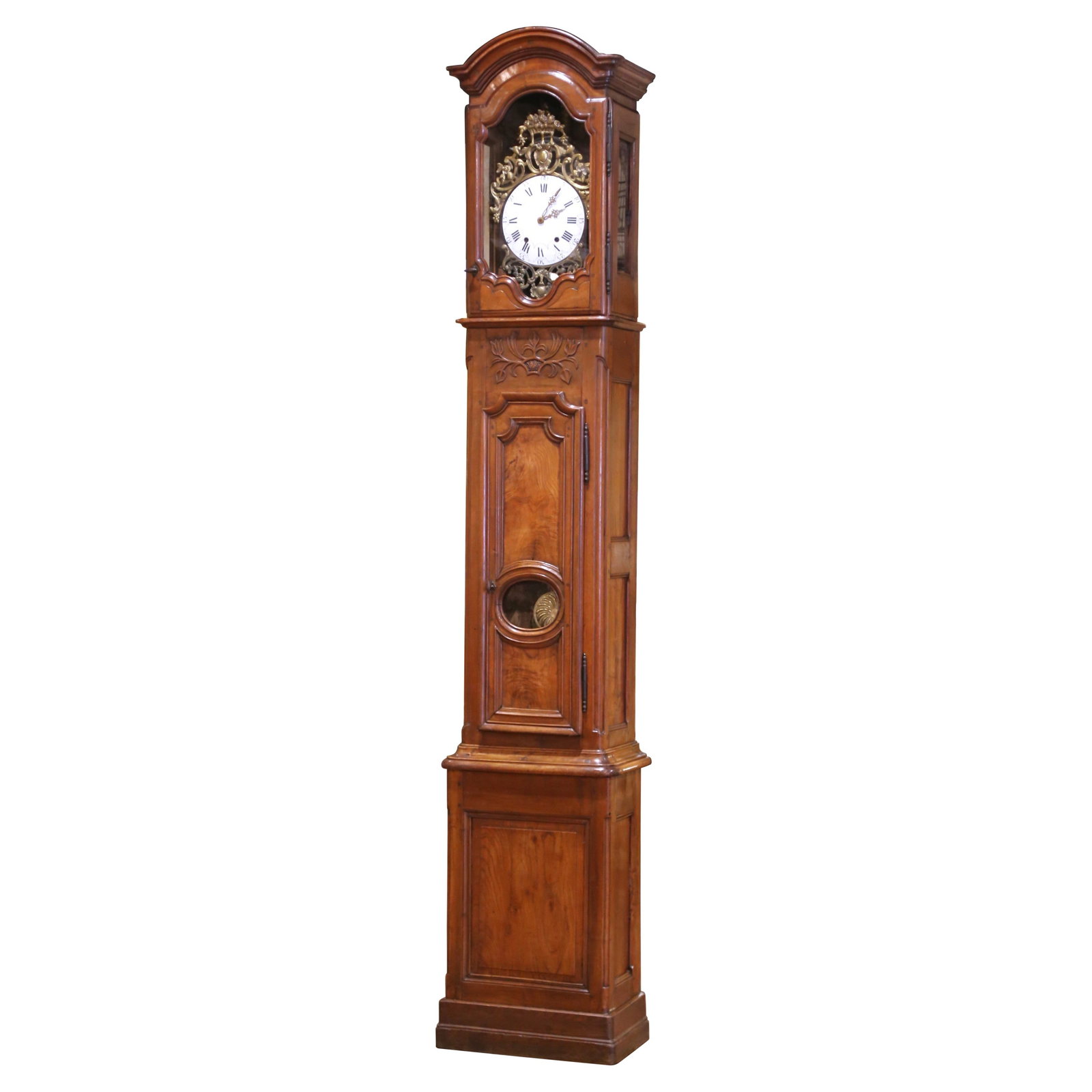 French Louis XV Walnut Longcase Clock Circa 1760 Hand Carved From Lyon: French Louis XV Walnut Longcase Clock Circa 1760 Hand Carved From Lyon This monumental Louis XV tall case clock, crafted circa 1760 in Lyon, France, is made of richly grained walnut with patinated and