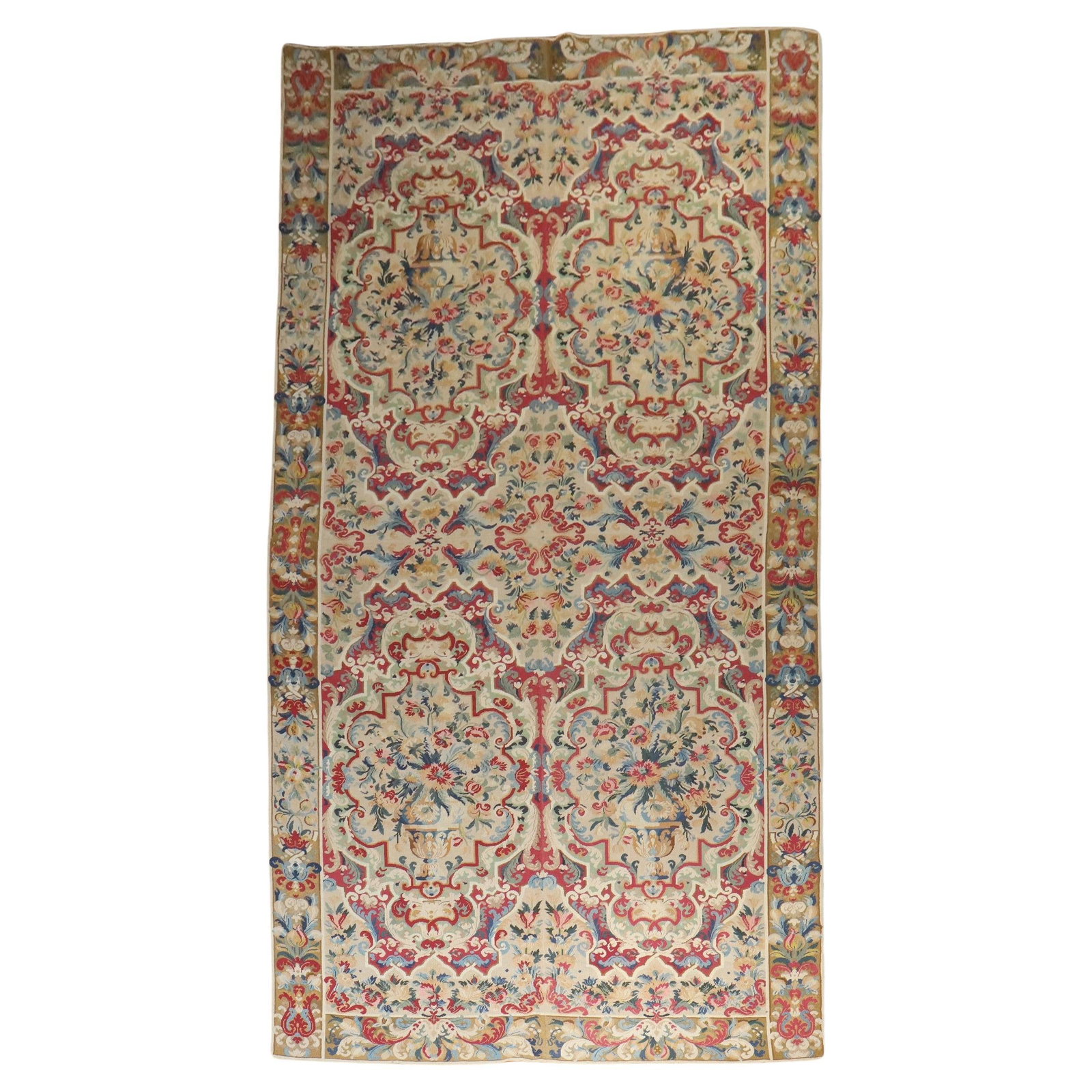 Aubusson Style English Needlepoint Rug Mid 19th Century 7'7" x 16'3": Aubusson Style English Needlepoint Rug Mid 19th Century 7'7" x 16'3" This dramatic mid 19th-century English needlepoint rug features an Aubusson style with intricate floral motifs. Crafted from cotton