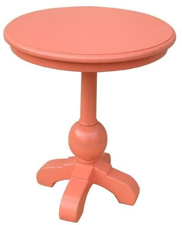 Trade Winds Coral Painted Round Pedestal Table Soho Collection: Trade Winds Coral Painted Round Pedestal Table Soho Collection This handcrafted coral pedestal table combines vintage charm with modern functionality. Designed in a transitional style, it features a r