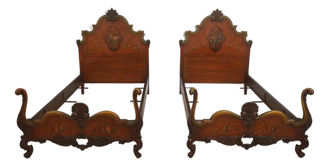 Set of Two 1930s French Style Hand Painted Carved Wooden Twin Beds: Set of Two 1930s French Style Hand Painted Carved Wooden Twin Beds This pair of vintage French style twin beds features finely carved wood frames with elegant shell crests and beautifully hand-painted