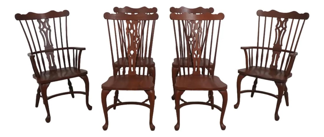 Six Cherry Wood Windsor Brace Back Dining Chairs Handcrafted Set: Six Cherry Wood Windsor Brace Back Dining Chairs Handcrafted Set This set includes six solid cherry Brace Back Windsor chairs, hand crafted with high-quality construction. Featuring stretcher base fra