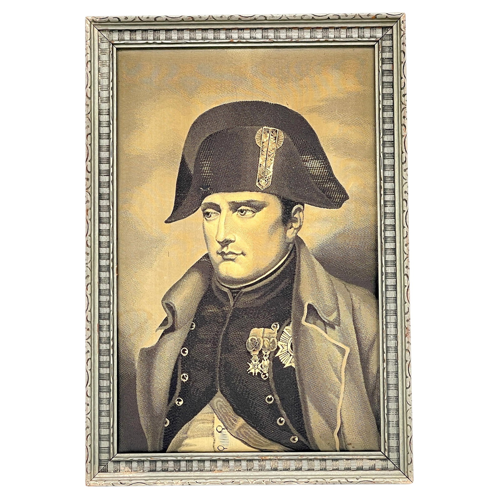 1920s French Grisaille Tapestry Portrait of Napoleon in Greatcoat: 1920s French Grisaille Tapestry Portrait of Napoleon in Greatcoat Capture a piece of French history with this exquisite Grisaille (Grey) Tapestry Portrait of Napoleon, dating back to the 1920s. This f