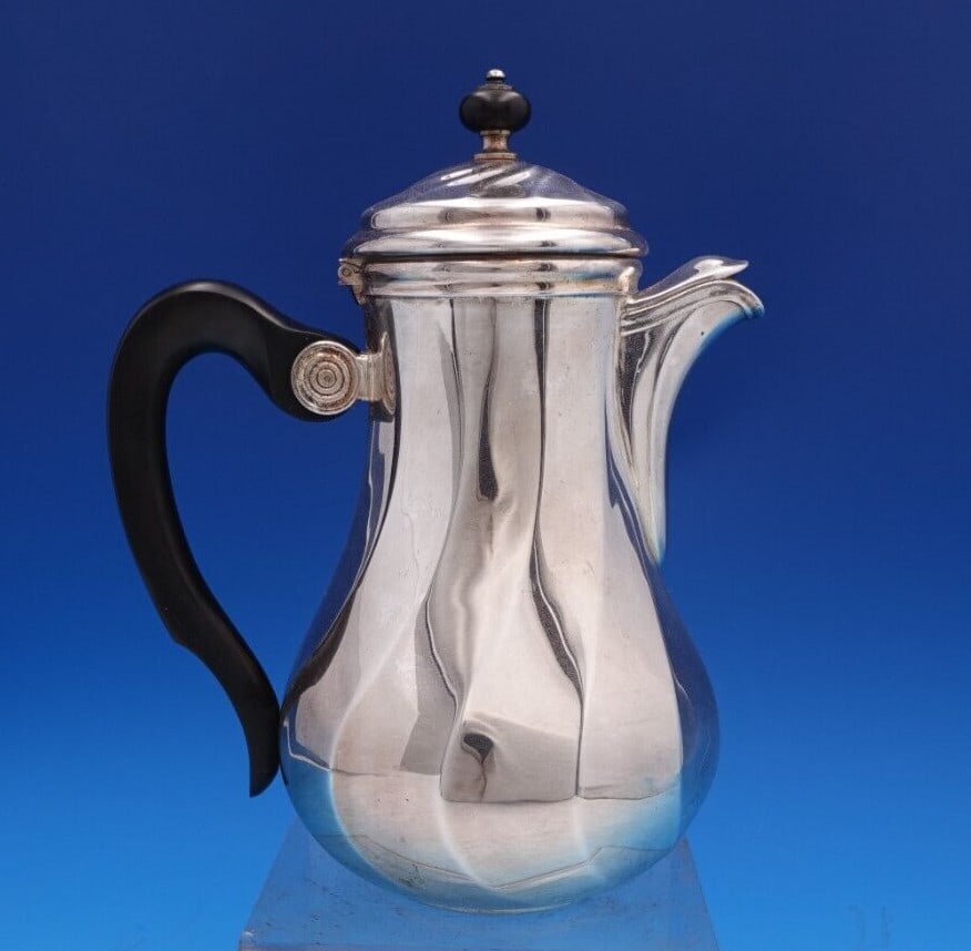 Christofle Albi Silverplate Coffee Pot with Ebony Handle 8.75": Christofle Albi Silverplate Coffee Pot with Ebony Handle 8.75" Experience the elegance of the Albi pattern by Christofle with this exquisite French silverplate coffee pot, featuring a striking ebony f