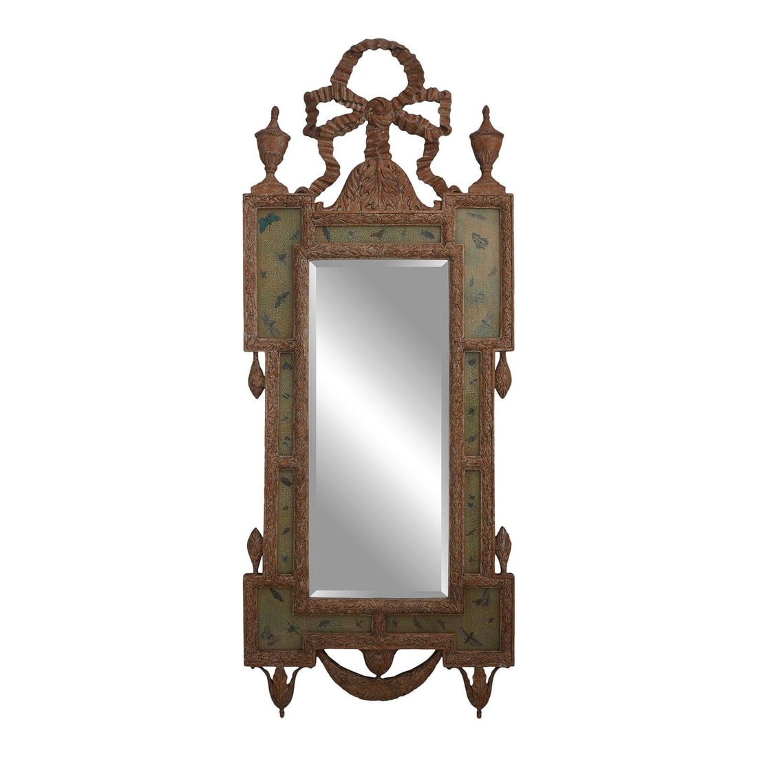 Elegant Venetian Ribbon Carved Tall Mirror with Beveled Glass: Elegant Venetian Ribbon Carved Tall Mirror with Beveled Glass This Venetian Style Ribbon Carved Top Tall Mirror showcases exquisite craftsmanship and timeless elegance. Featuring a stunning beveled gl