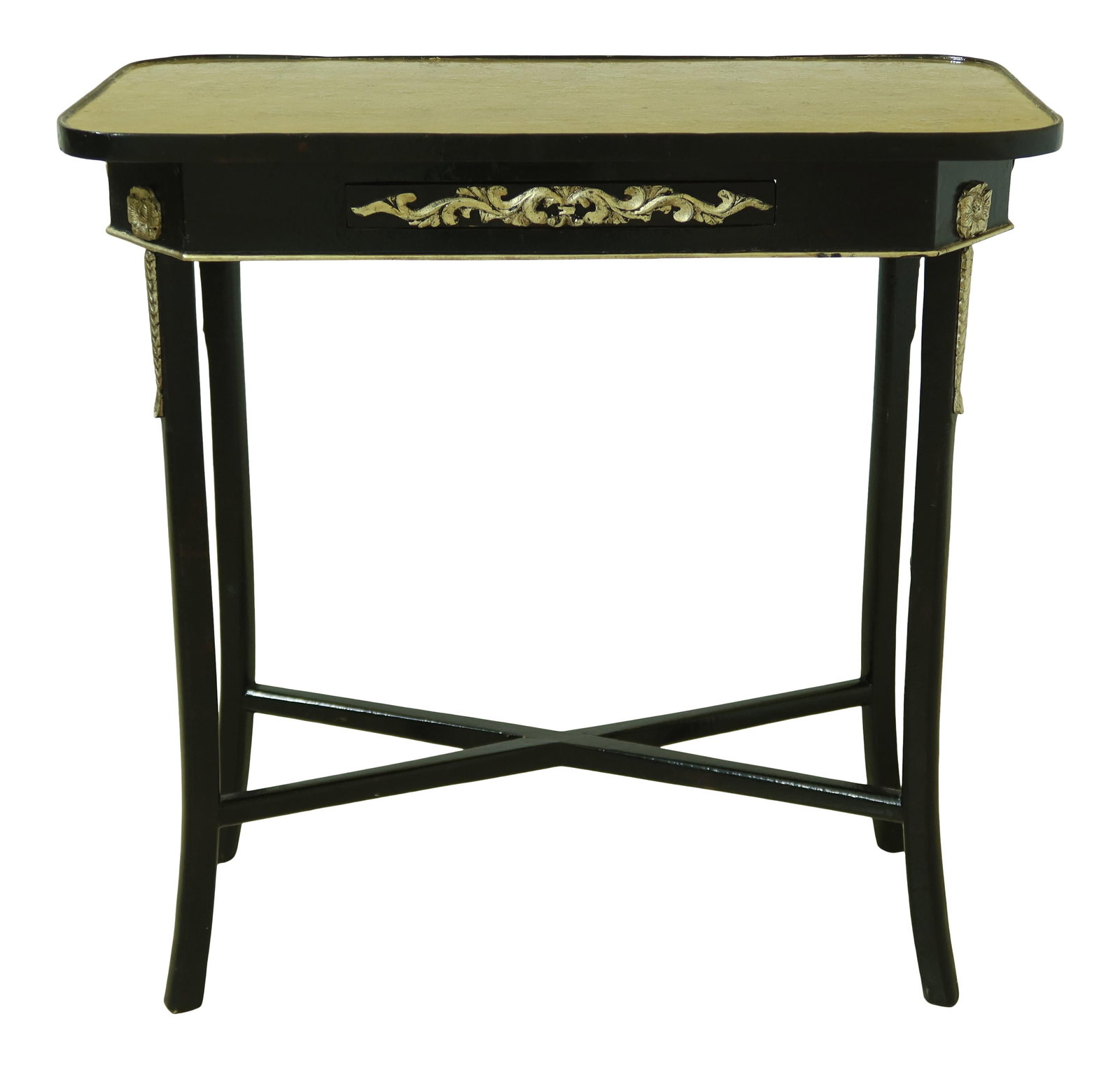 Italian Regency Style Painted Table with Pull-Out Drawer: Italian Regency Style Painted Table with Pull-Out Drawer This exquisite Regency Style Italian Made Table showcases a charming design with its textured gold top and beautifully painted silver highlight