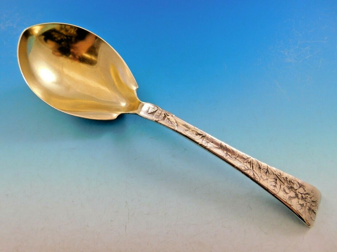 Tiffany Sterling Silver Berry Spoon Lap Over Edge 8 7/8" Monogrammed: Tiffany Sterling Silver Berry Spoon Lap Over Edge 8 7/8" Monogrammed This exquisite sterling silver berry spoon from Tiffany & Co. showcases the renowned Lap Over Edge pattern, acid etched to highligh