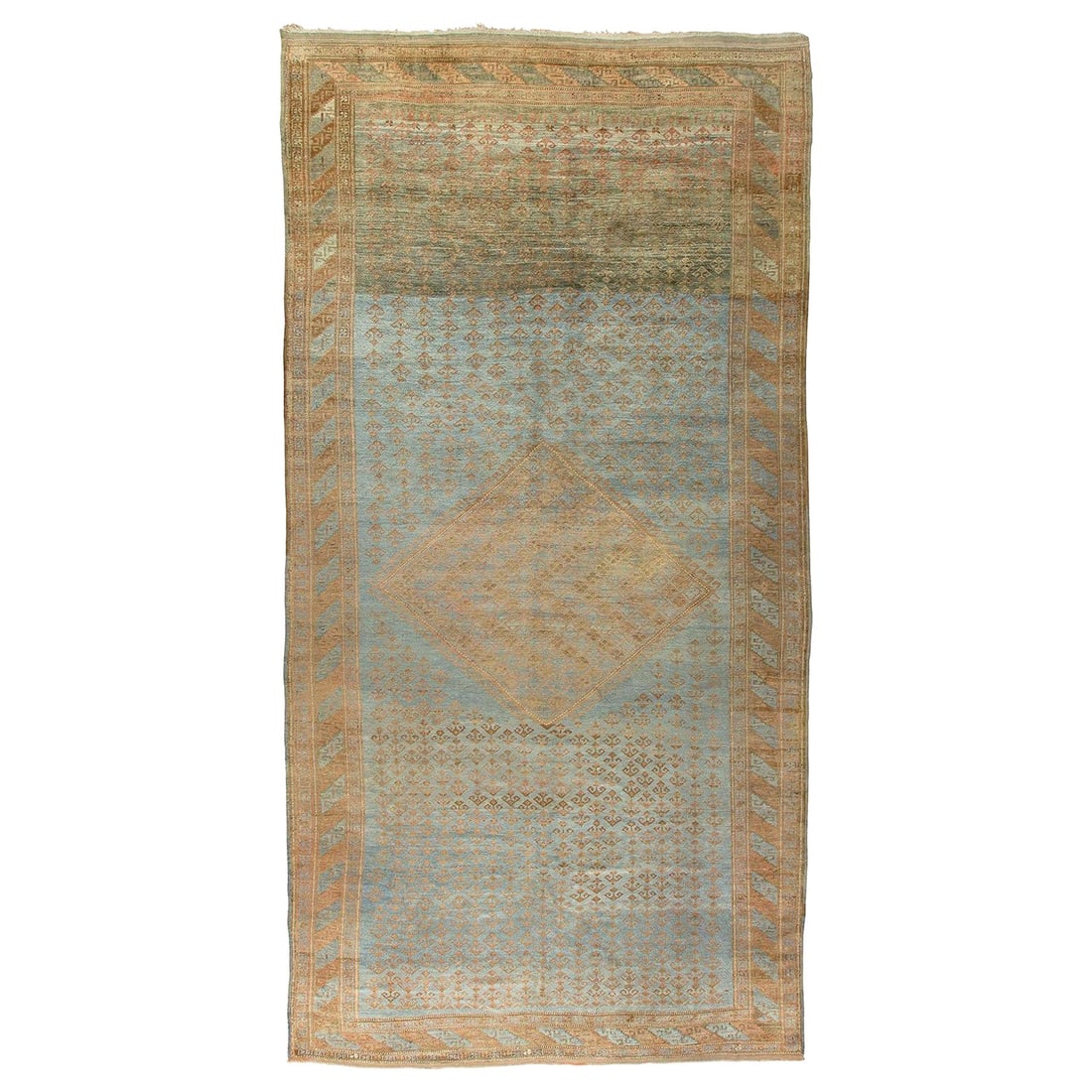 Zabihi Collection Hand-Knotted Powder Blue Tribal Persian Rug 8'7" x 17'1": Zabihi Collection Hand-Knotted Powder Blue Tribal Persian Rug 8'7" x 17'1" Discover the exquisite Zabihi Collection Powder Blue Tribal Persian Kurd Corridor Rug, a stunning addition to any space. This
